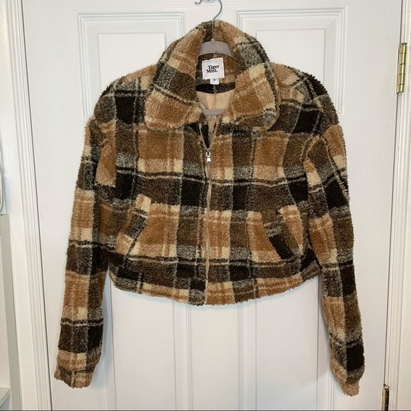TIGER Mist Brooklyn Jacket Brown Plaid Fuzzy Zip Cropped Sherpa Coat small - Picture 3 of 11